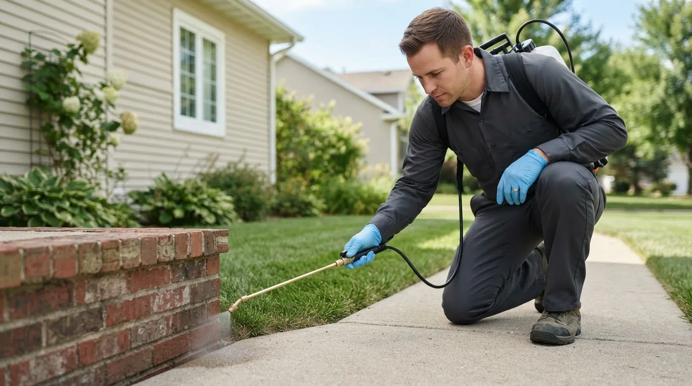 Pest control technician treating a home near Grand Blanc, MI