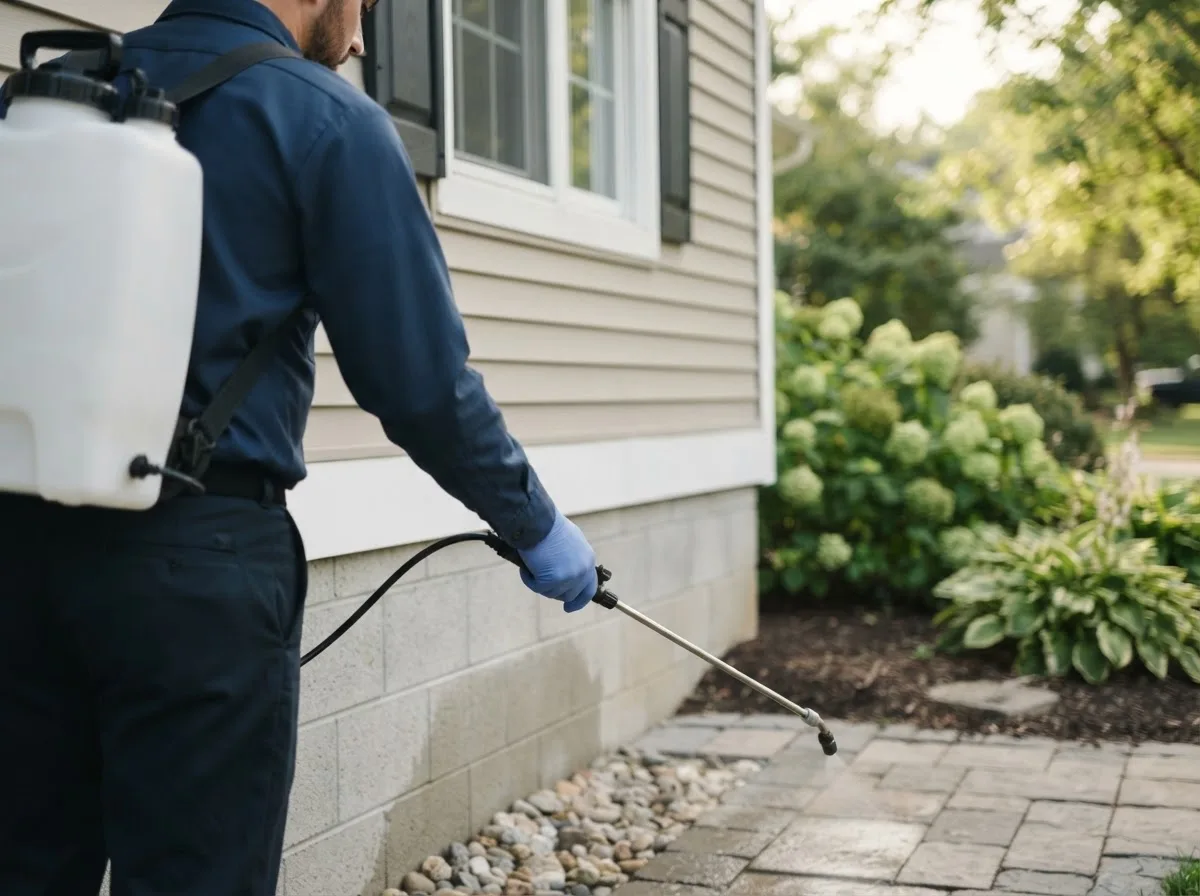 Pest control technician inspecting a home in Grand Blanc, MI